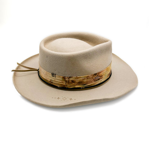 right profile includes three antiqued hat pins, sterling wire accents, and stylish brim burns<span class='visuallyhidden'>; 323-404-2959 for shop help.</span>